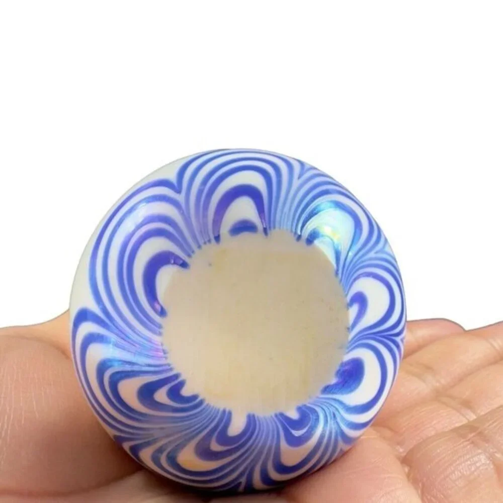 Vintage Art Glass Paperweight Round Orb White‎ Iridescent With Blue Swirls Lines